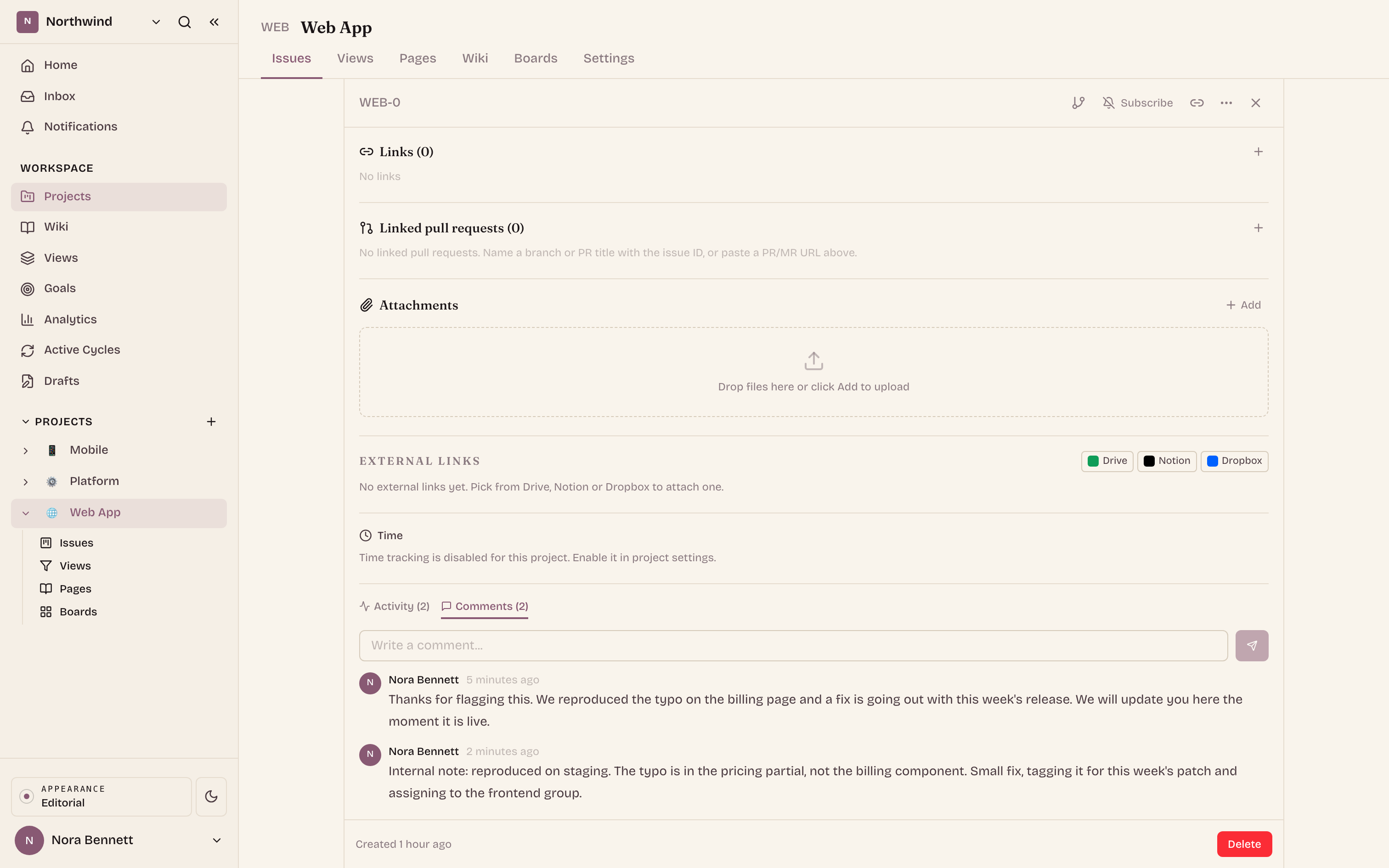 The accepted request, now an issue. The first reply reached the submitter; the internal note below it stays with the team.