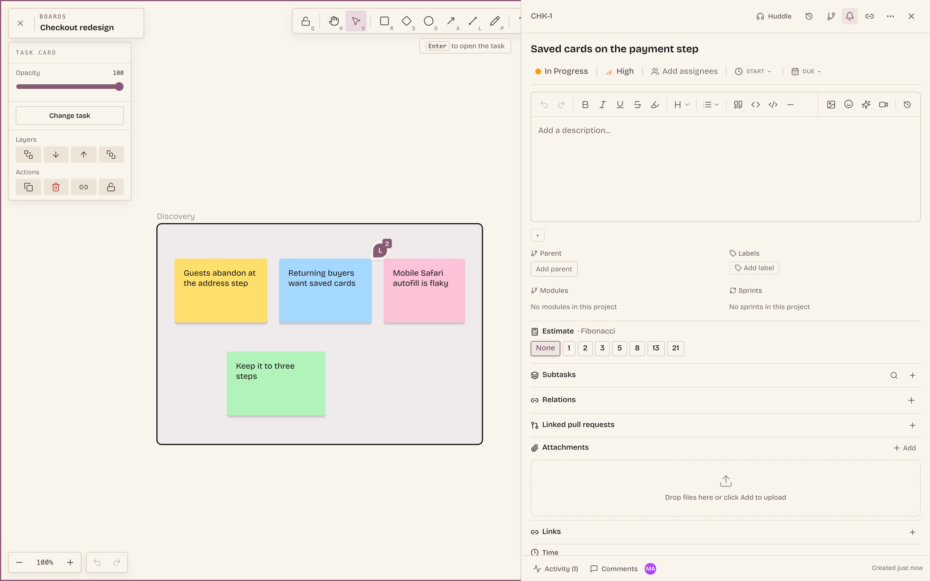 Open a task card and the task opens beside the board. Edit it, close it, keep your place.