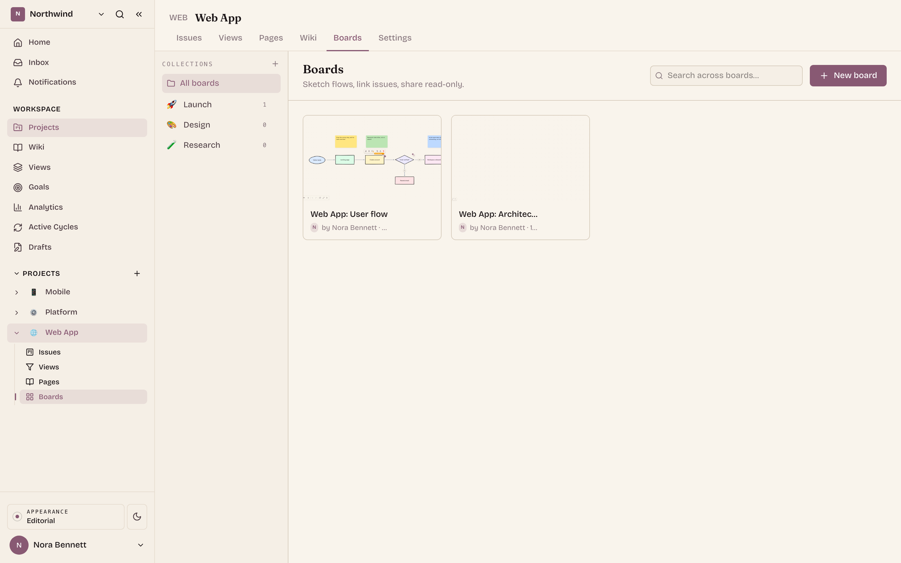 The Boards tab for a project. Cards live in named collections in the sidebar; any board opens straight into the canvas.