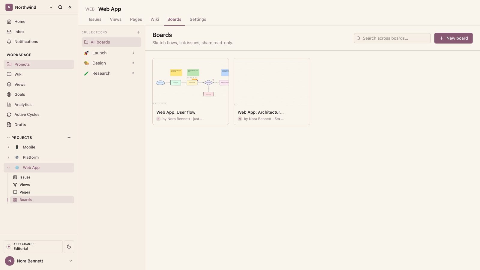 Emoji-labelled collections in the sidebar keep a busy project tidy; every board card opens straight into its canvas.