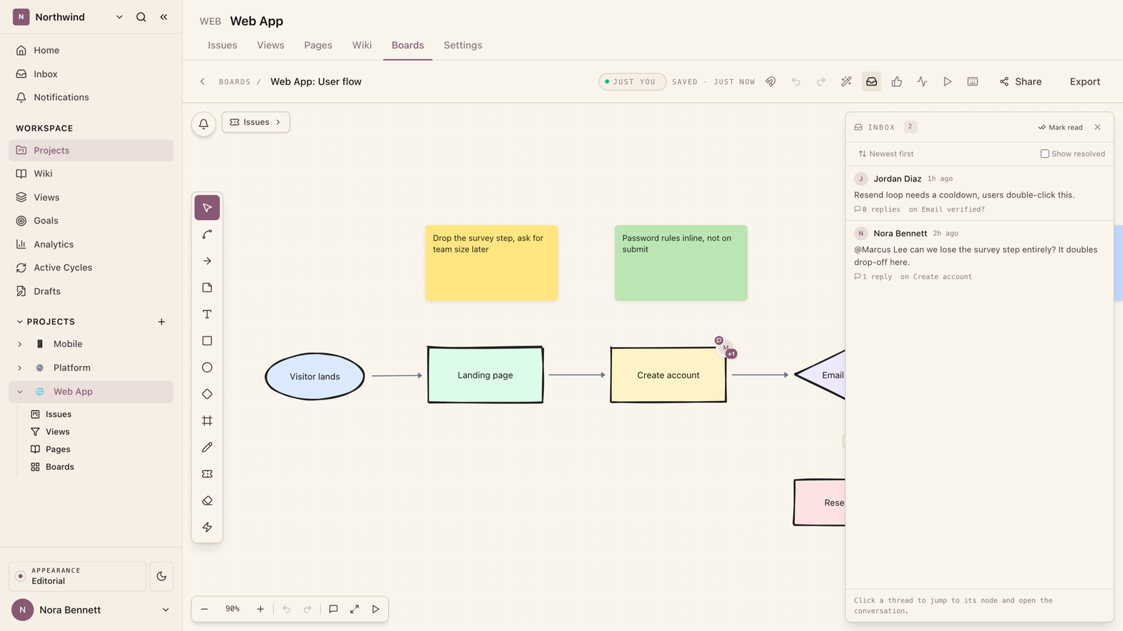 The comments inbox: every thread on the board in one list. Click to jump to the node and open the conversation.