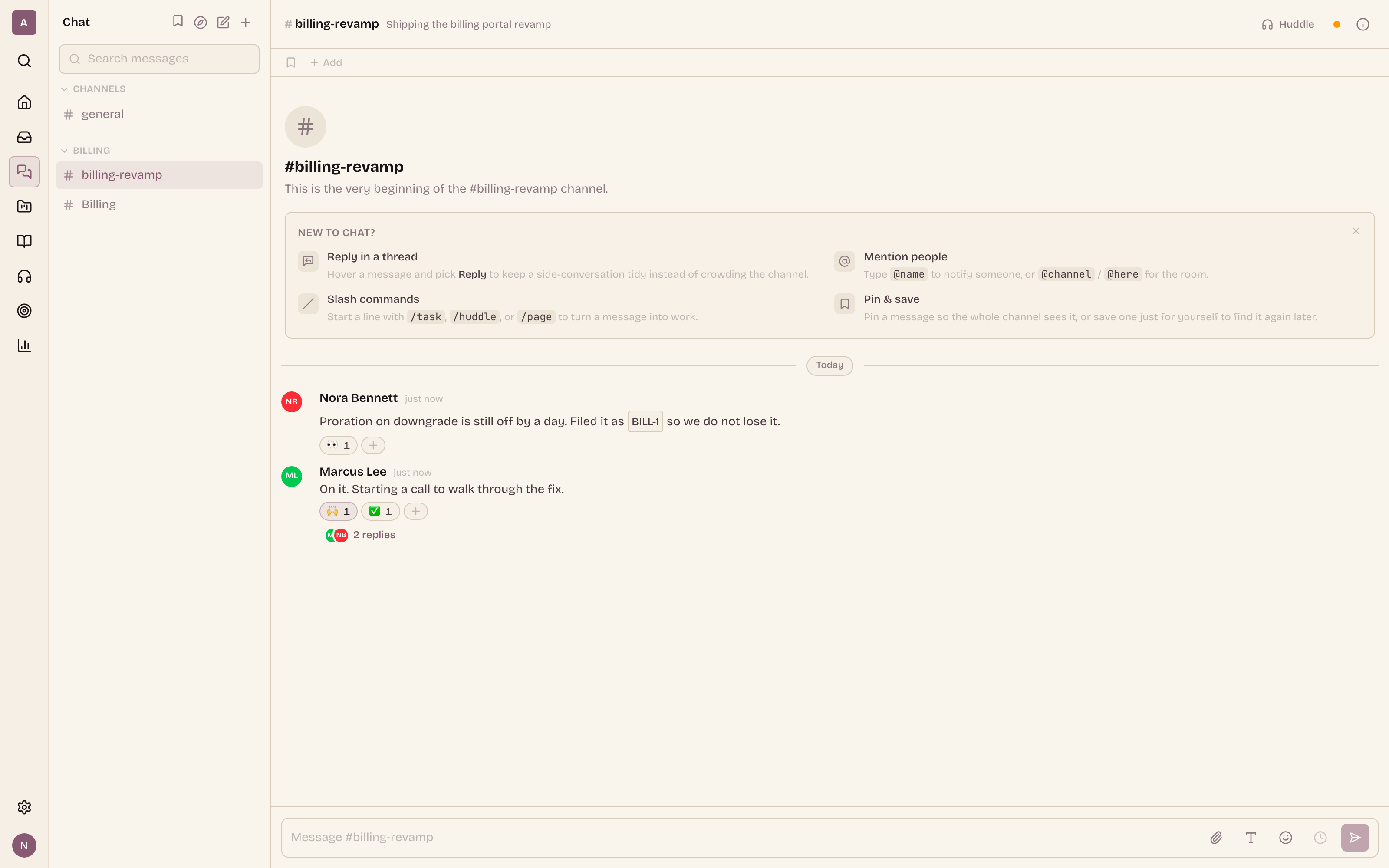 A project channel. The BILL-1 reference is a live chip, not text: it opens the task on click and previews its name, state, and priority on hover.