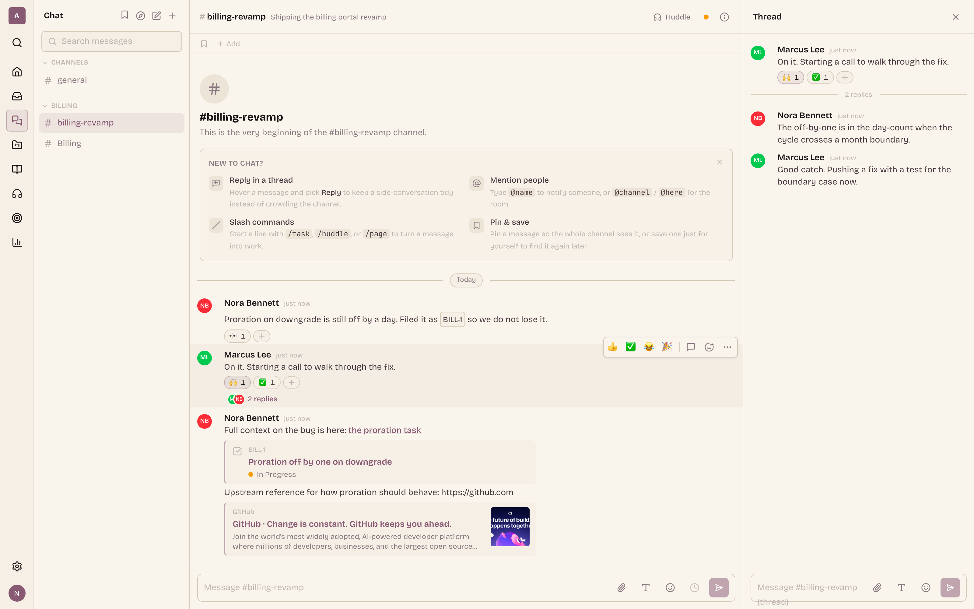 Replying opens a thread in a side panel, so a long discussion never pushes the rest of the channel off the screen. The parent shows its reply count in the main timeline.