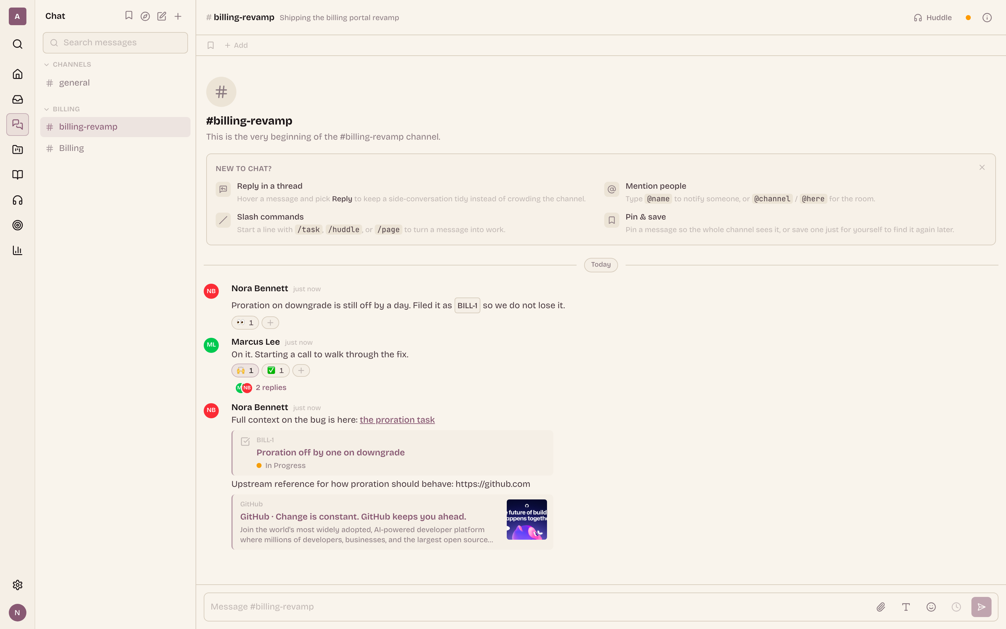 A pasted in-app link renders a permission-aware preview card (the BILL-1 task, with its live state); a public URL renders a cached OpenGraph unfurl fetched by a background worker.
