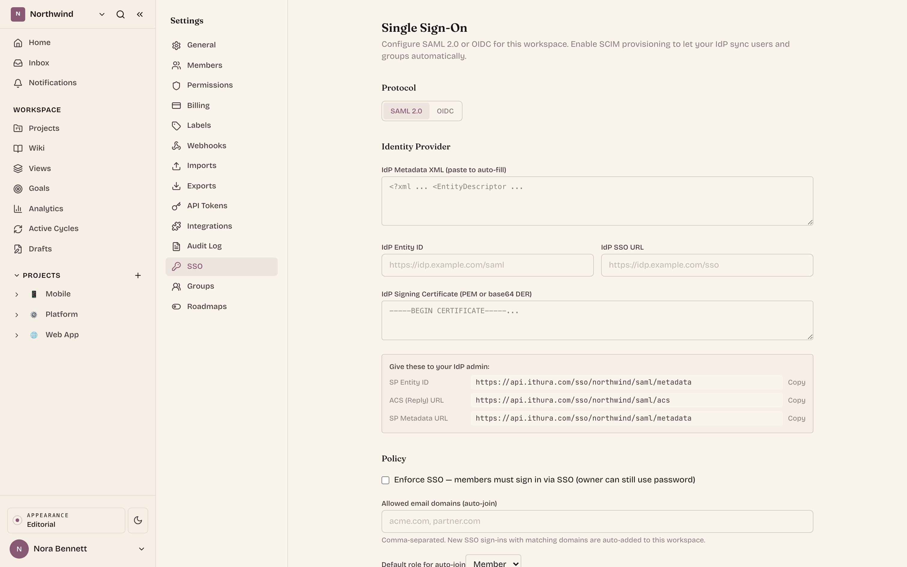 The SSO settings page. Paste your IdP details, copy the SP values back into your IdP, and flip Enforce SSO when you are ready.
