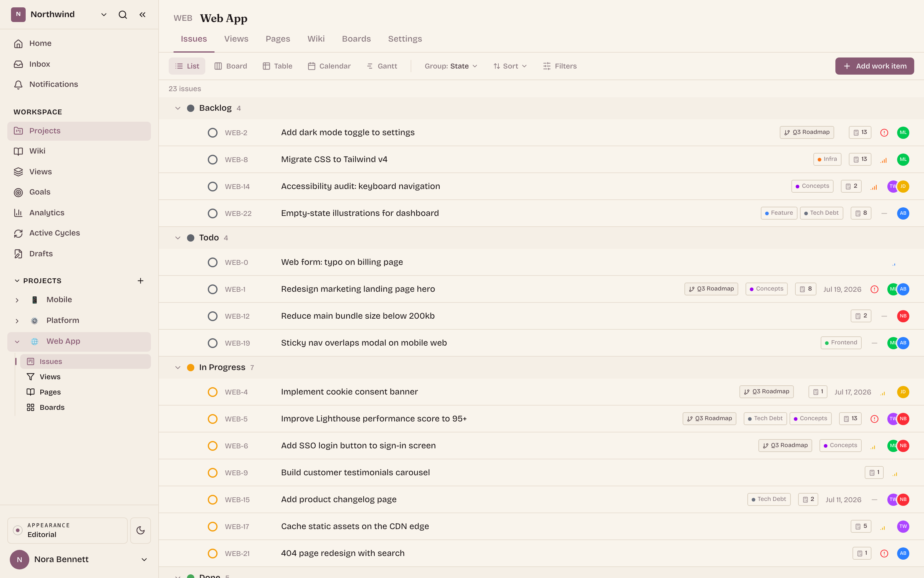 Estimate chips on issue rows in the list view: the active scale's value sits inline with each issue's id, labels, and owner.