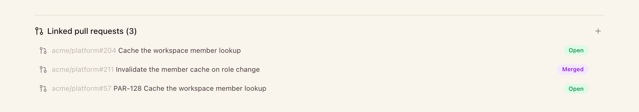 Several linked requests on one issue, each carrying its own Open or Merged state.