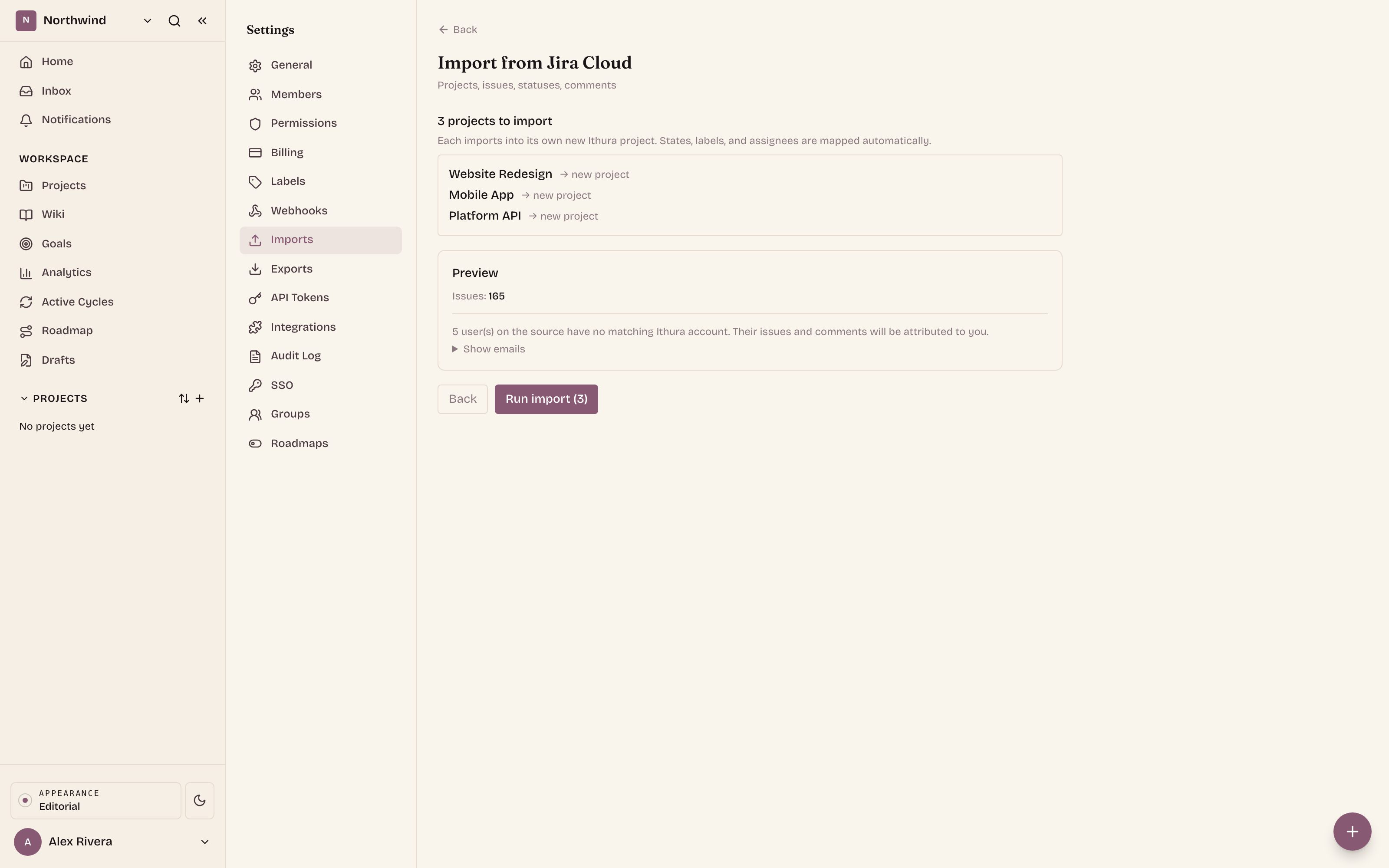 One combined preview across every selected project: summed counts, and the unmatched users whose work would be attributed to you.