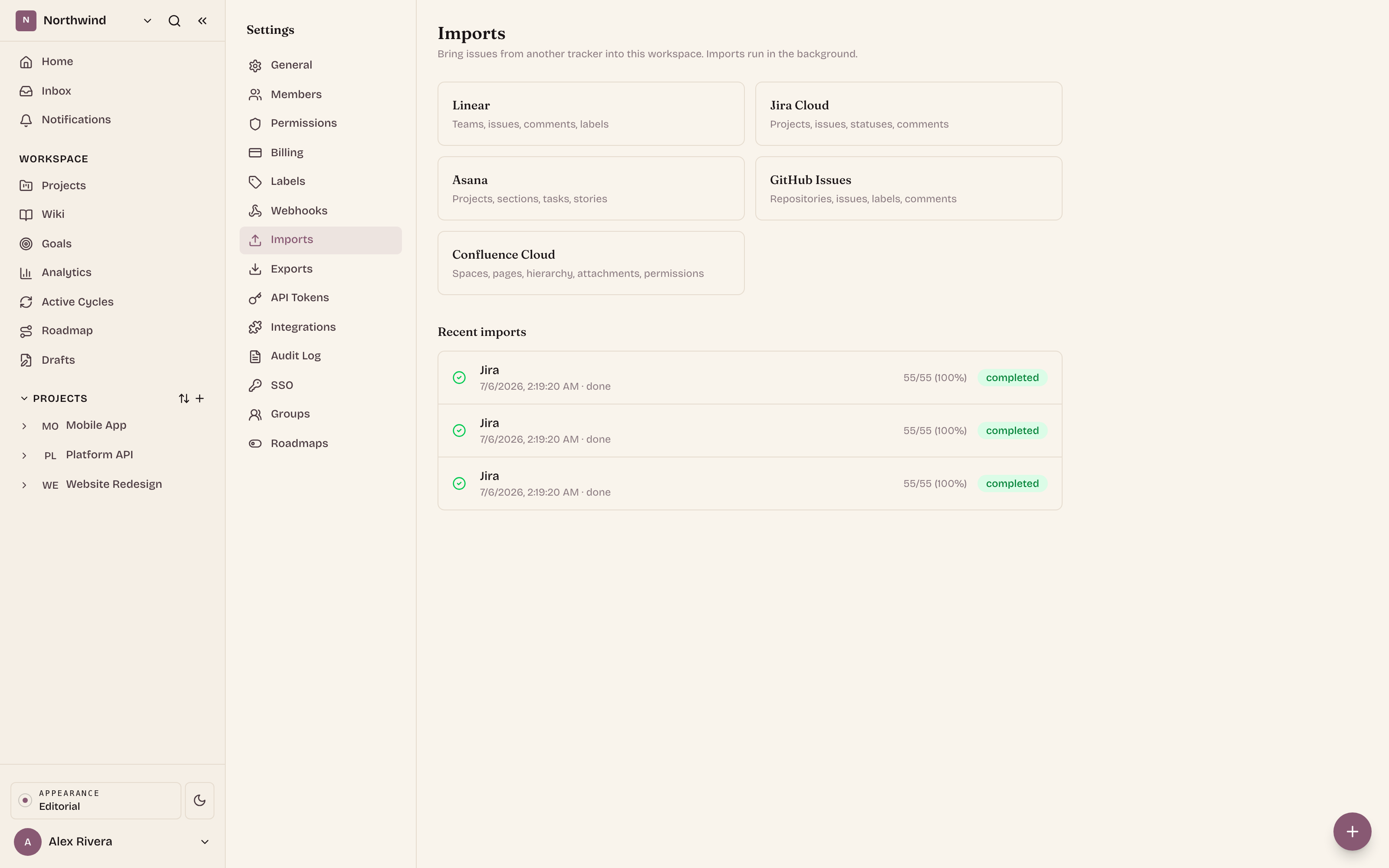 Every selection lands as its own project in the sidebar, each with its own background job you can watch to completion.