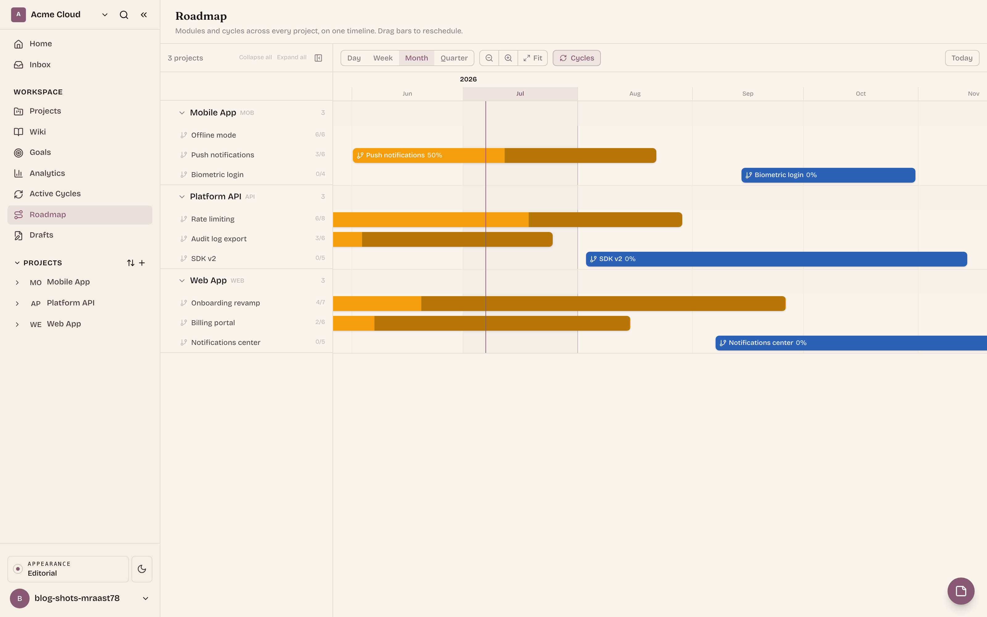 Month zoom tightens the window: sprint cadence becomes legible bar by bar, and the progress labels read comfortably.