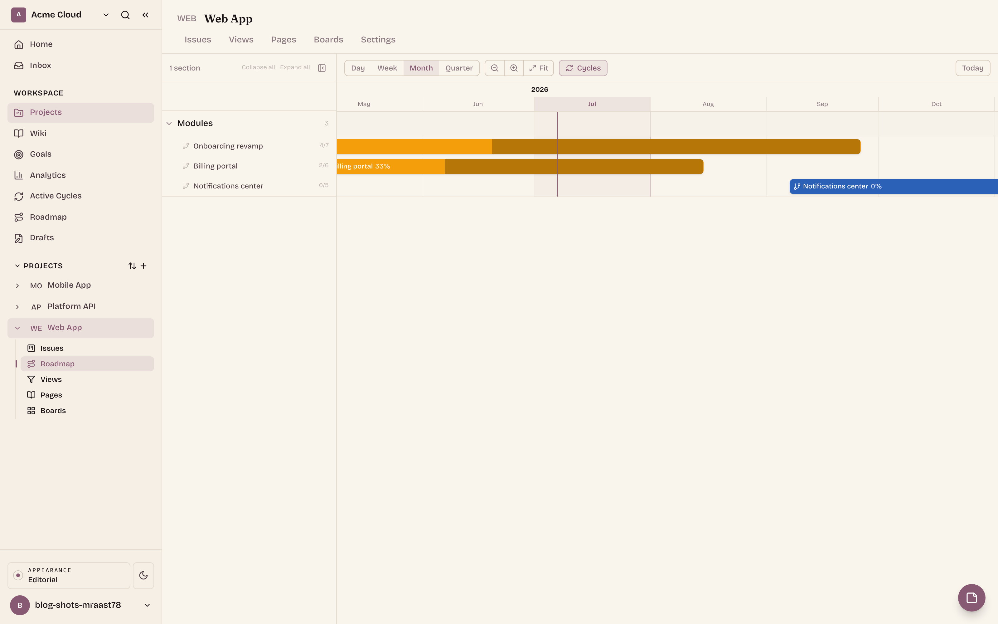 The Roadmap tab on the Cloud Native project: module bars in their own section above four sprints marching in two-week steps below.