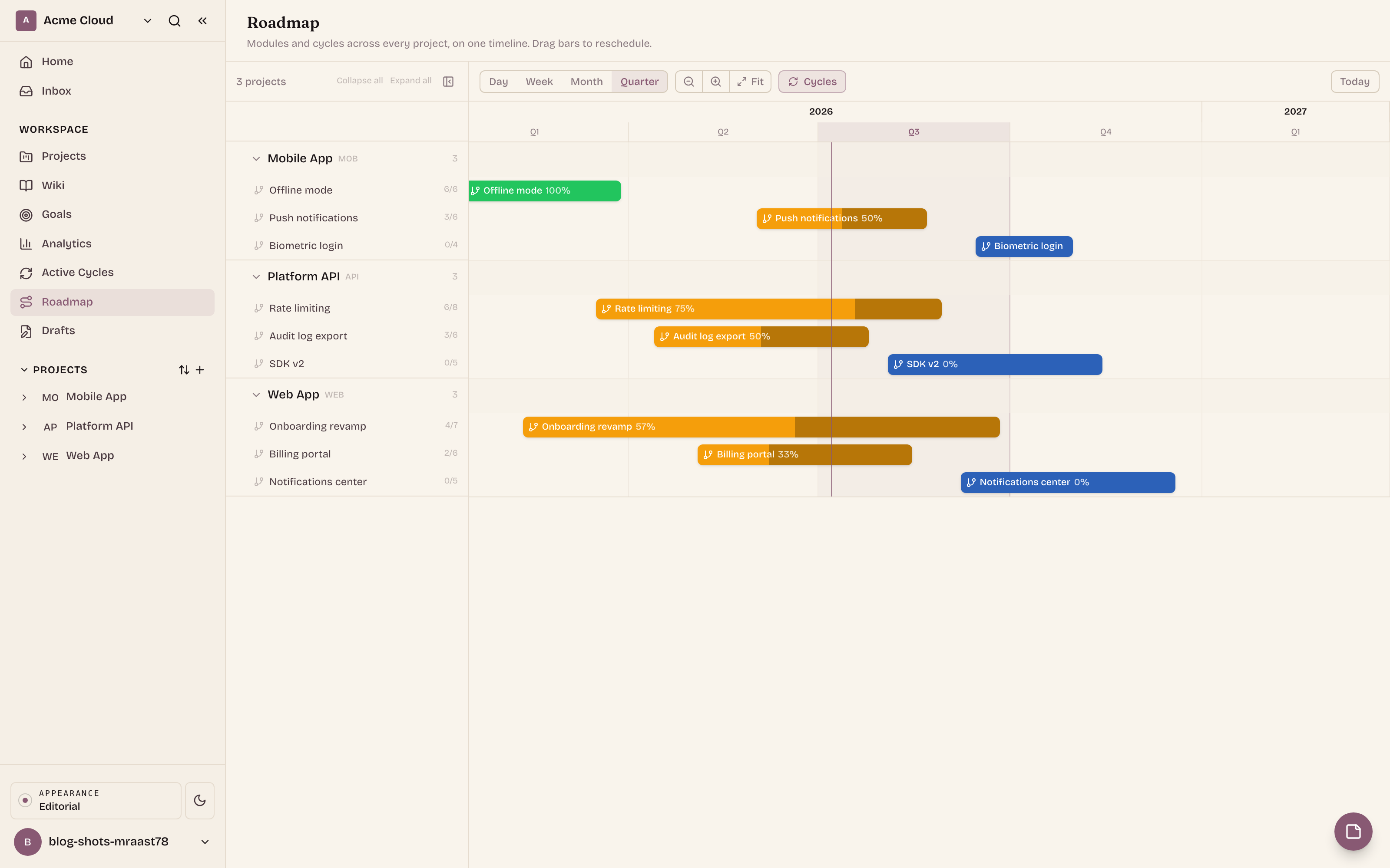 The same workspace view with the Cycles toggle on: sprint bars appear among the modules, so the cadence and the narrative share one axis.