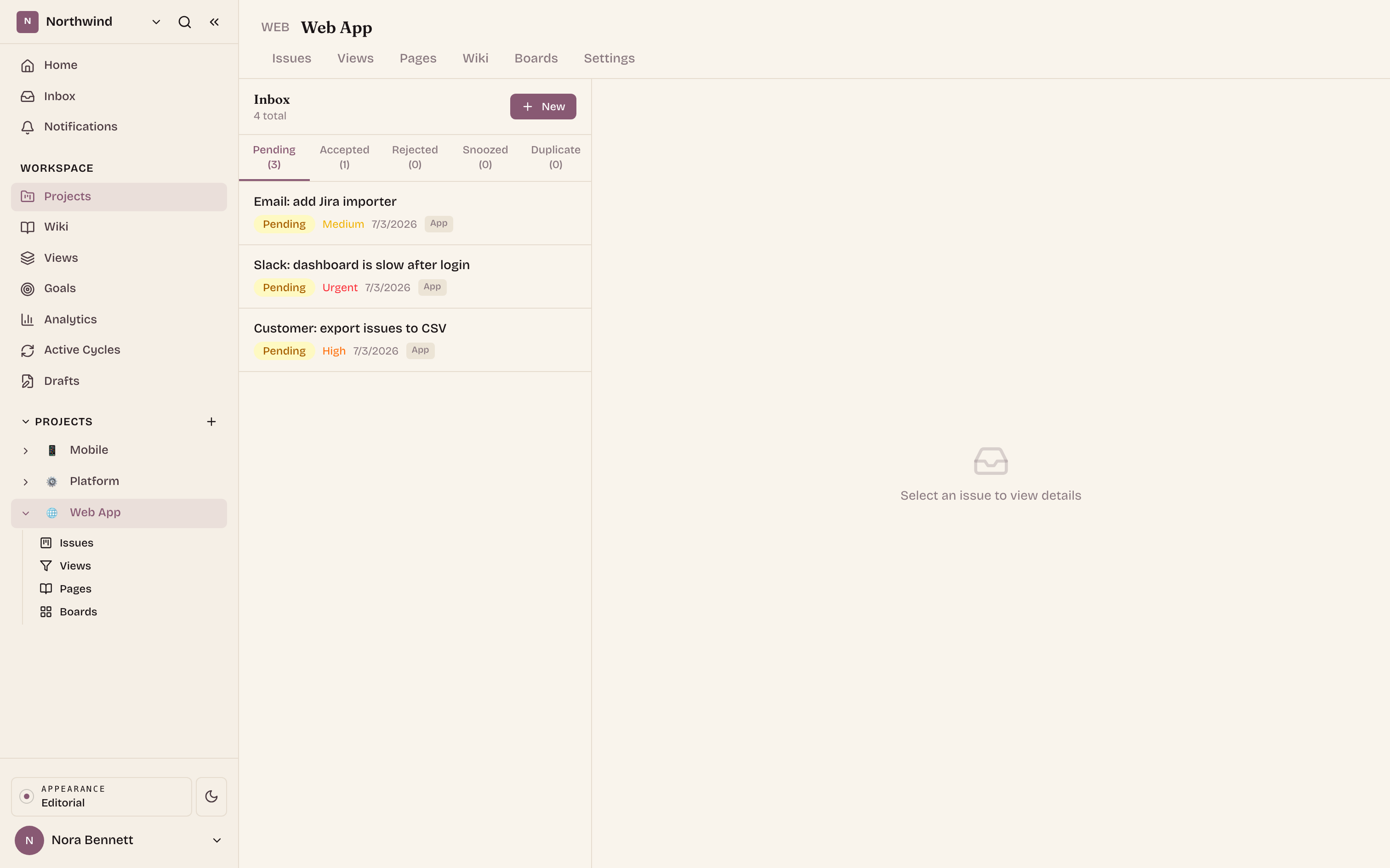 One triage inbox: Slack, email, and web-form requests all land as normal issues.