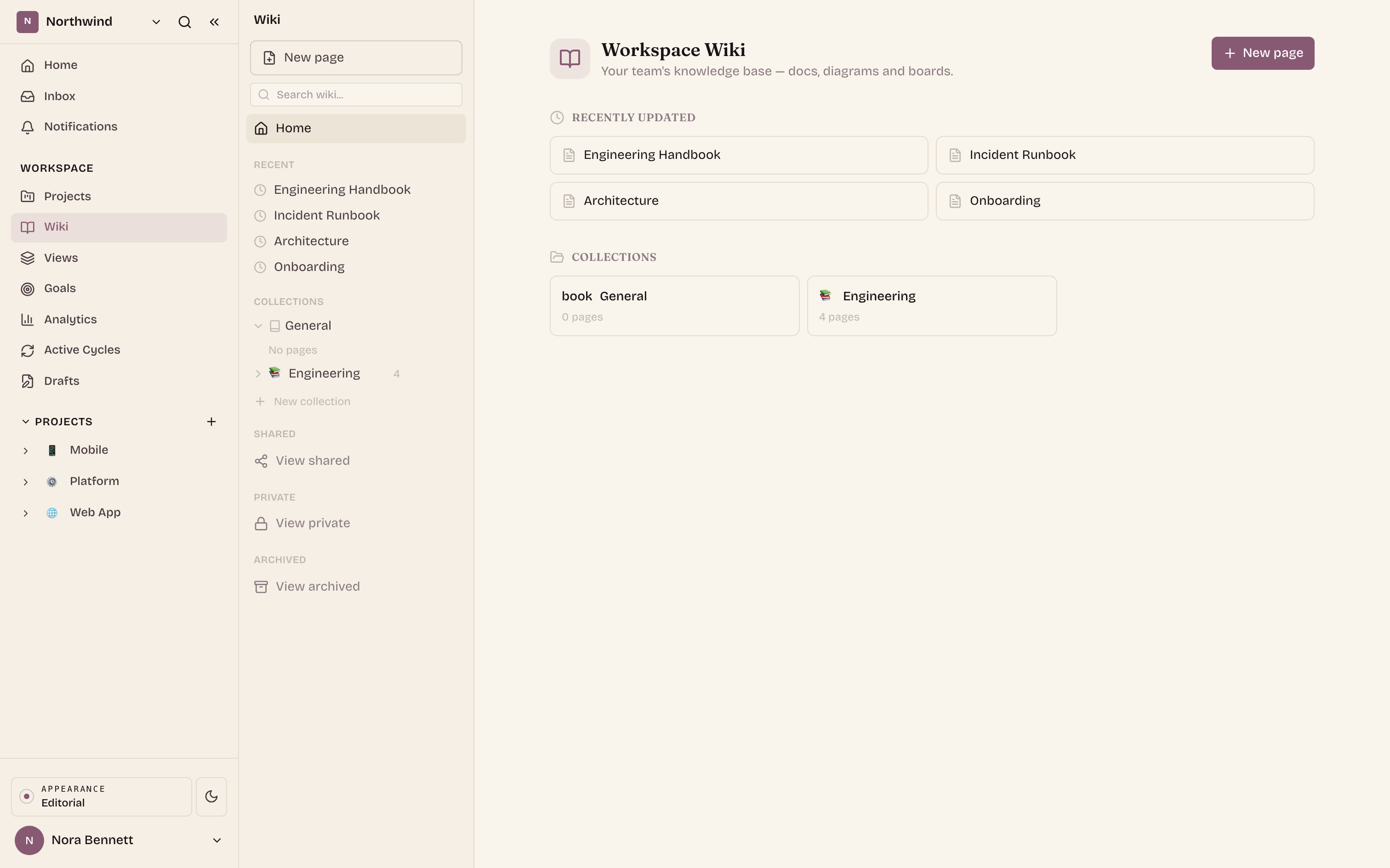 The sidebar: collections, each expandable into a multi-level page tree, with New page and Search at the top.