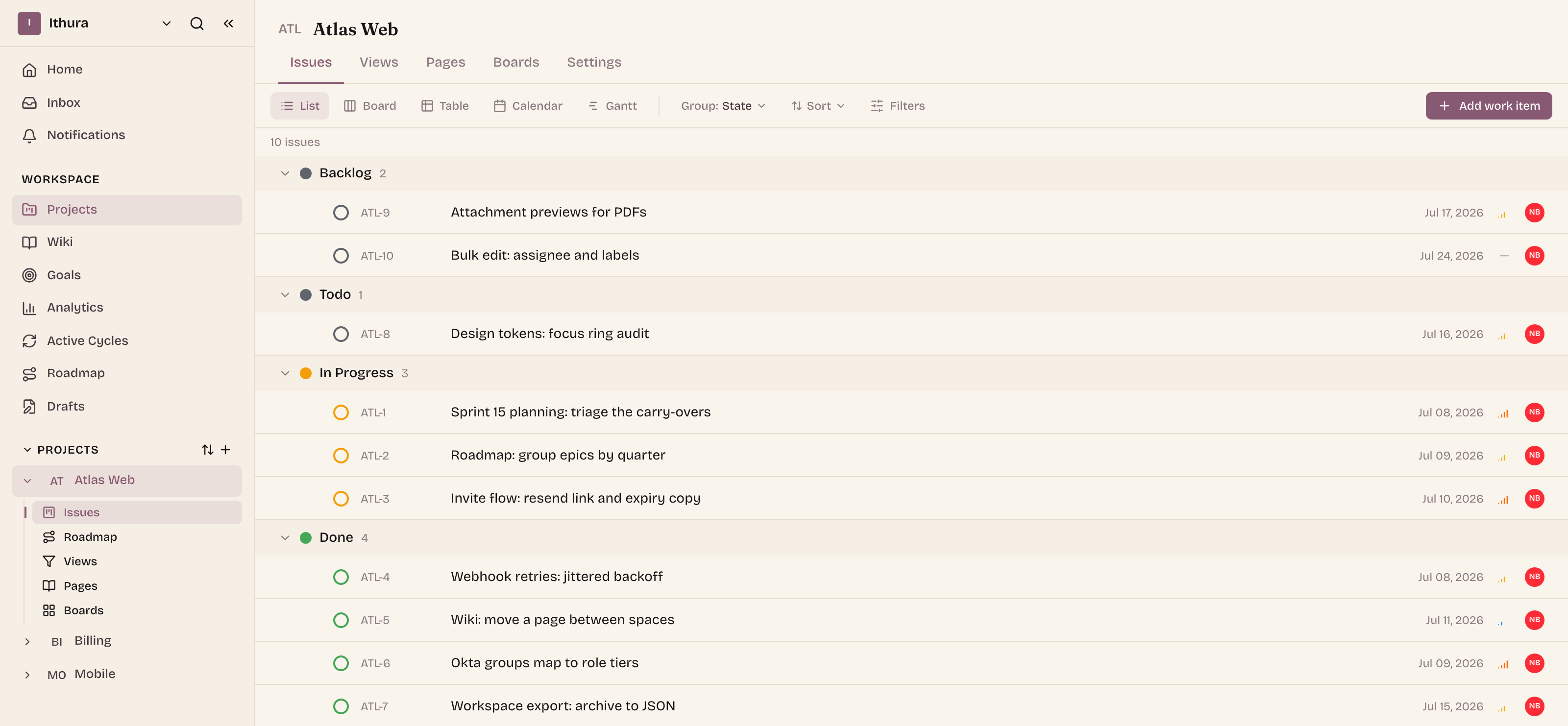 The Ithura issues view: the sidebar shows workspace sections and an expanded project, and work items are grouped by state with priorities, due dates, and assignees