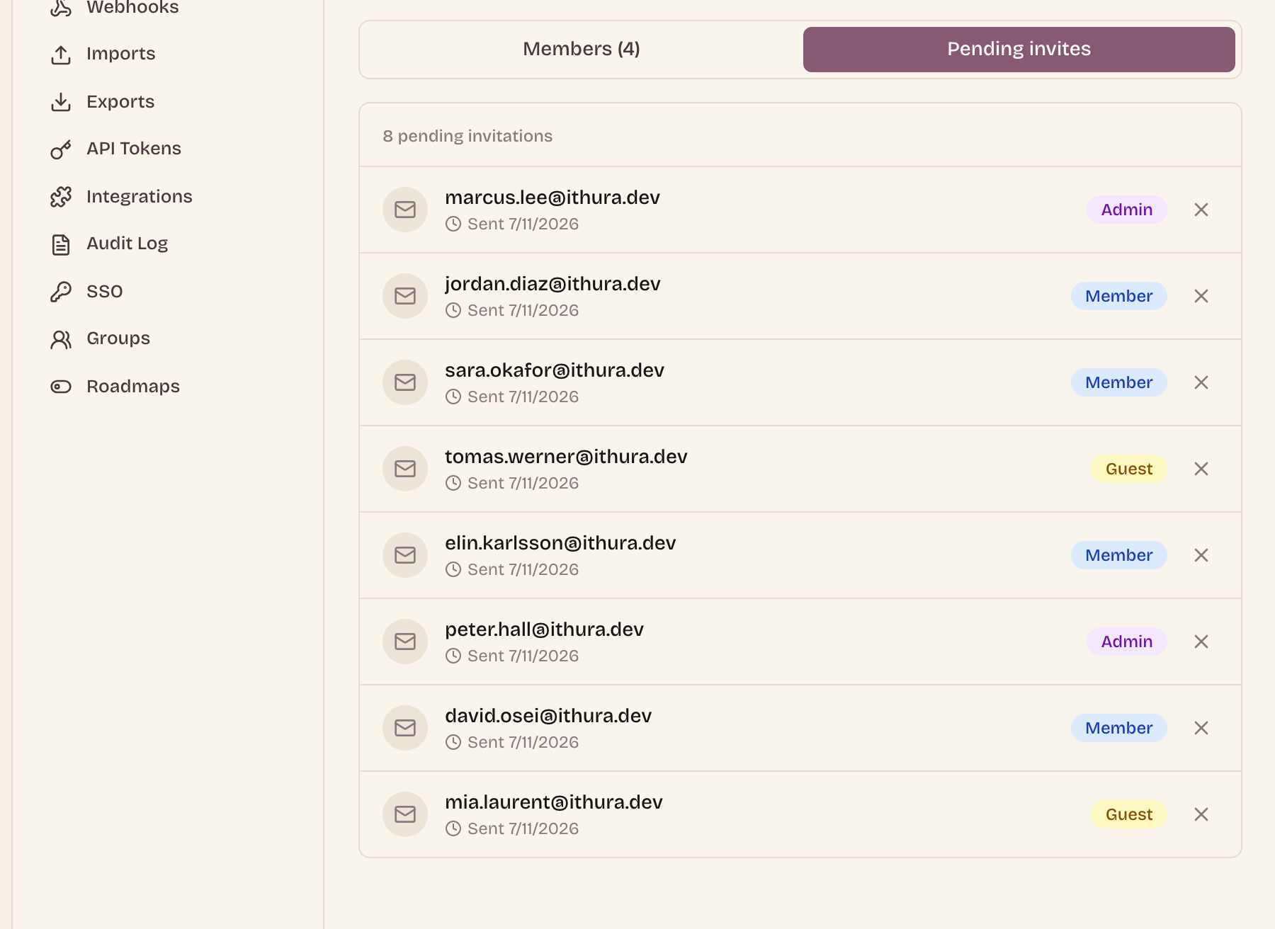 Workspace members: eight pending invitations with Admin, Member, and Guest role chips