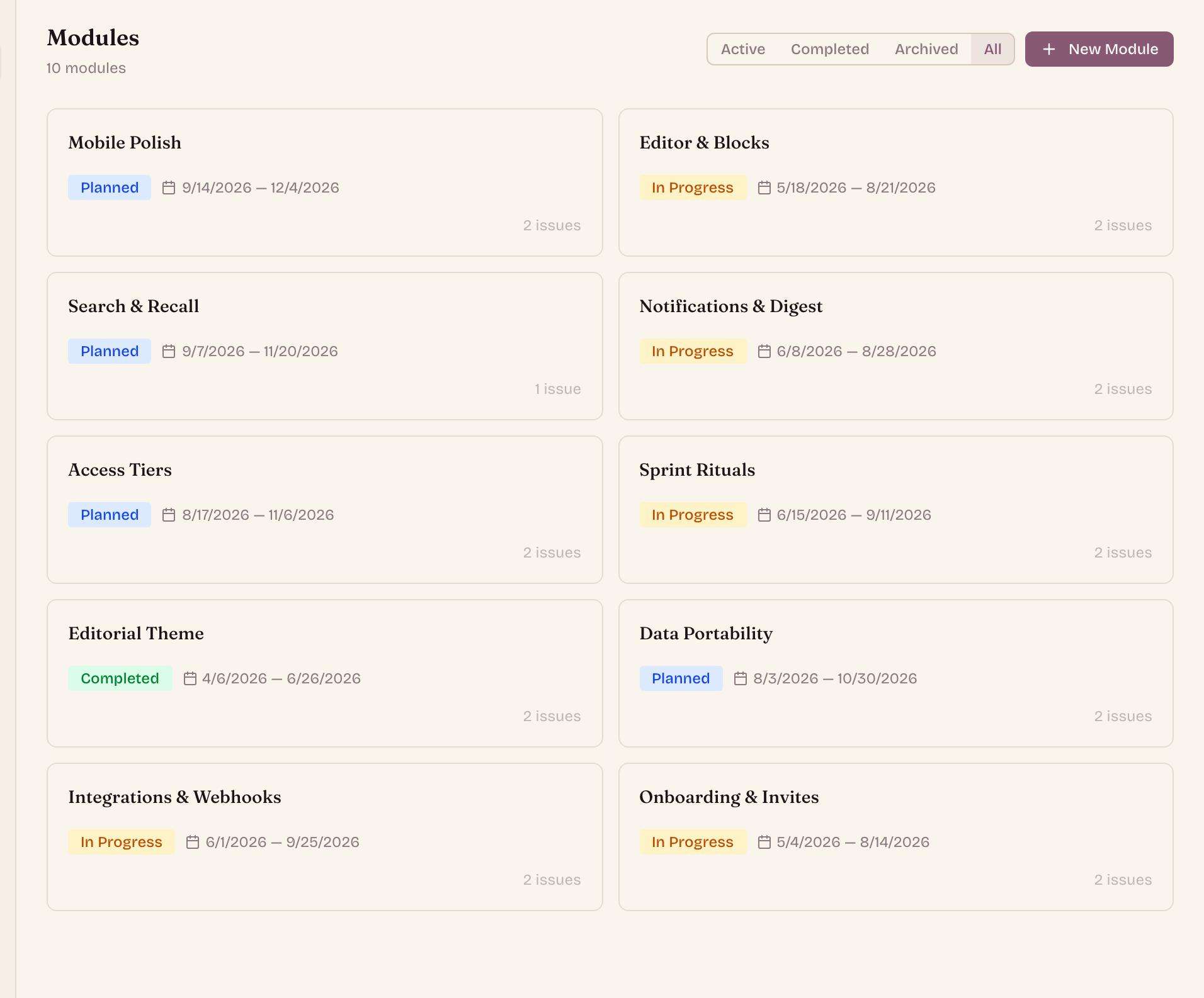 The Modules view: ten modules with status chips, date ranges, and live issue counts