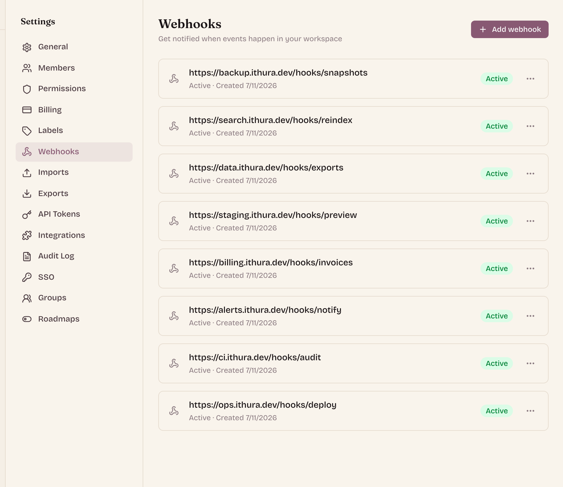 Workspace webhook settings: eight active endpoints beside the full settings navigation