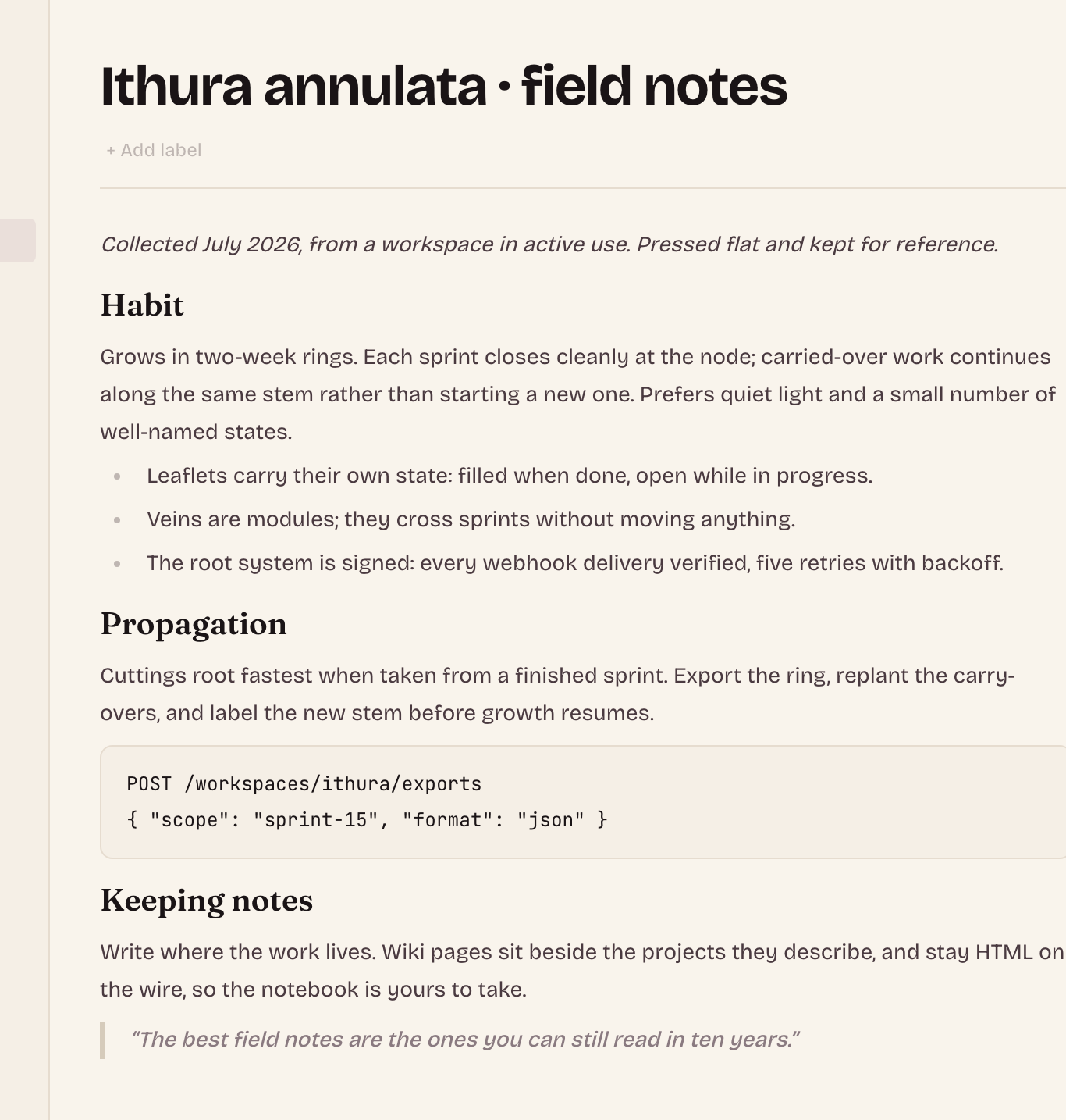 A field-note page in the Ithura workspace wiki: a title, prose sections, a list, a code block, and a quote